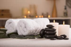 Zen and relax concept. Spa composition  with treatment on  light background - space for text